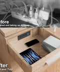 Before and after of a desk setup with Drawer Outlet Kit With USB C USB A Ports And Three AC Outlets 5 Ft Power Cord in drawer