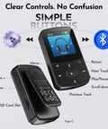 64GB Clip On MP3 Player With Bluetooth 5.3 Auto Reconnect For Running And Gym Workouts showing simple button controls and ports.
