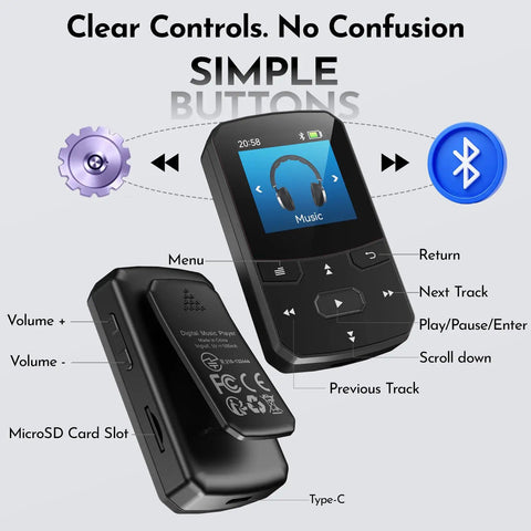 64GB Clip On MP3 Player With Bluetooth 5.3 Auto Reconnect For Running And Gym Workouts showing simple button controls and ports.