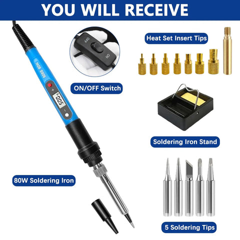 Heavy Duty Soldering Iron Kit With Heat Set Insert Tool 80W 110V LCD Digital Temperature Control 16 In 1 Soldering Kit