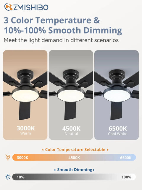 52 Inch Ceiling Fan With Lights Super Easy to Use Low Profile Flush Mount Black 6 Speeds Quiet DC Motor Dimmable 24W LED Light 3CCT Color