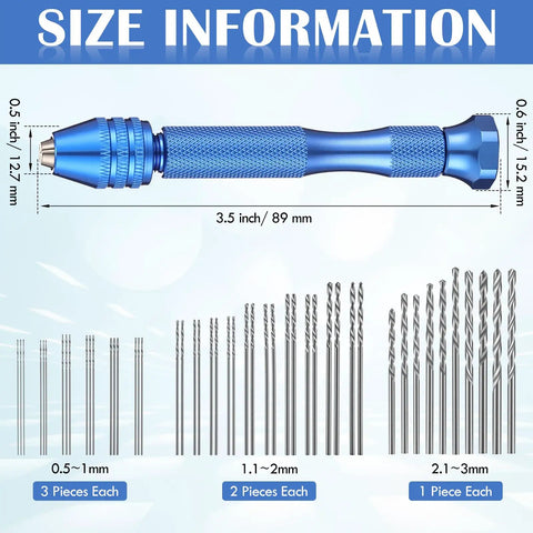 59 Piece Hand Drill Bit Set With Pin Vise And Tungsten Carbide Micro Bits size information display