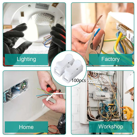 Image showing 100 Pack CH2 Spring Wire Connectors for electrical wiring, quick clamp terminal blocks, in various DIY settings.