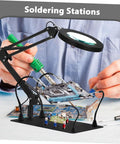 Six Piece Flexible Soldering Alligator Clamps With Third Hand Tool And Magnifying Lamp For PCB Work And Electronics Repair Adjustable Arms For Precise Hands Free Assembly And Workshop Convenience in use on circuit board