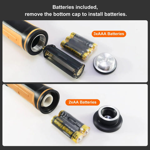 Digital Torque Wrench Set battery compartment showing 3xAAA and 2xAA batteries with bottom caps removed.