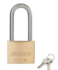 Outdoor Weatherproof Padlock With Long Stainless Steel Shackle And Solid Brass Body beside two keys on white background