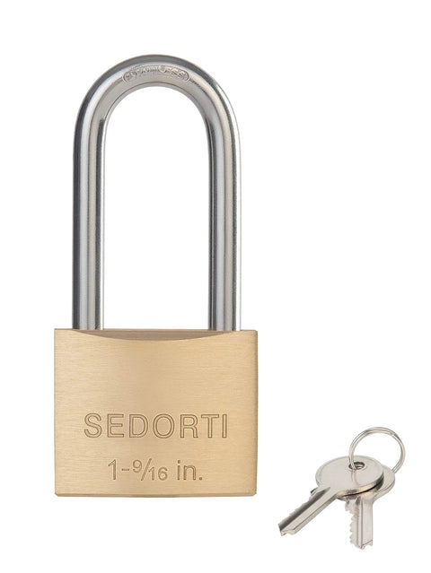 Outdoor Weatherproof Padlock With Long Stainless Steel Shackle And Solid Brass Body beside two keys on white background