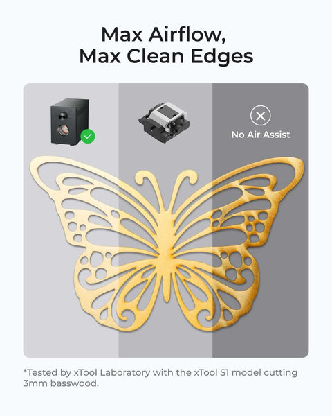 xTool air-compress assist with upgraded metal pump, shown above a gold basswood butterfly cutout