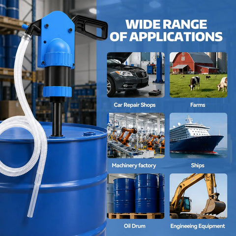 No Sweat Manual Lever Drum Pump For 55 Gallon Barrels Heavy Duty Workhorse with hose at various job sites and applications.