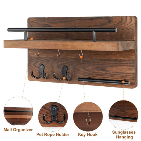Wall Mounted Key Holder And Hangers With Five Key Hooks No Fuss Wooden Mail Rack Organizer With Shelf Rustic Home Decor for Entryway Mudroom Hallway Office Brown featuring hooks and mail organizer