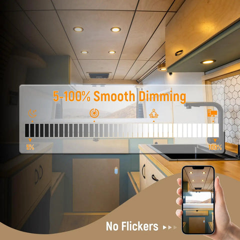 5-100% smooth dimming display showing Top Shelf Eight Pack Of 12 Volt LED Puck Lights For Recessed Camper Van Install.