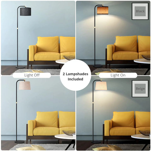 Sturdy Metal Arc Floor Lamp With Two Shade Options, 9W LED Bulb, 3 Color Temperatures, Cool Black, shown with black and beige shades.
