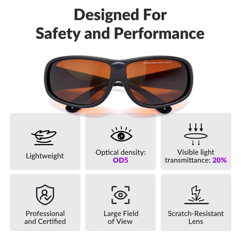 Rock Solid Laser Safety Goggles With Straight Up Hella Thick Lenses And Serious OD5 Plus Eye Defense, featuring a lightweight design and scratch-resistant lens.