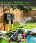 Two Zone Water Timer For Garden Hose With USB C Rechargeable Battery attached to brass inlet controlling garden sprinkler