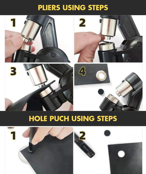 Grommet Tool Kit With Carry Bag, Half Inch Handheld Eyelet Kit, Manual Grommet Press Machine, Includes 300 Pcs 12 Mm Grommets, Hole Puncher, White Backer Block, Magnetic Jaw, Adjustable Opening showing pliers and hole punch steps on leather