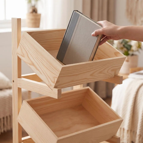 Two Tier Wooden Storage Shelf With Tilted Open Trays Walnut Finish Floor Standing Organizer Rack Minimalist Design with book being placed in slanted bin.