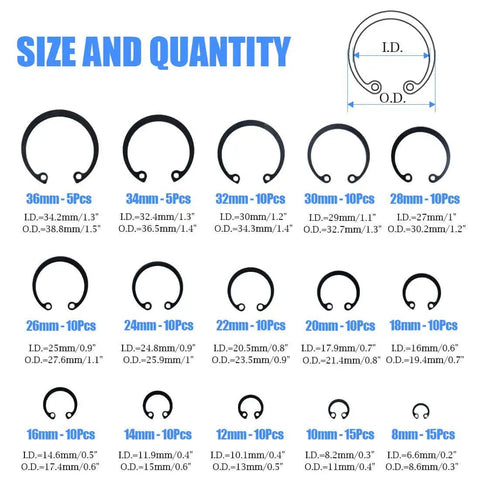 Image showing Internal Circlips Snap Ring Assortment Kit, 150 Pieces in 15 Sizes with measurement details.