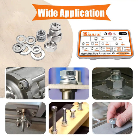 All In One 276 Piece Metric Hex Nut And Washer Kit With Seven Sizes M3 M4 M5 M6 M8 M10 M12 In 304 Stainless Steel for various applications