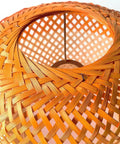Close-up of Dope Bamboo Pendant Light With Plug In Cord And Switch, 11.8 Inch Orange Hanging Lampshade, natural woven detail.