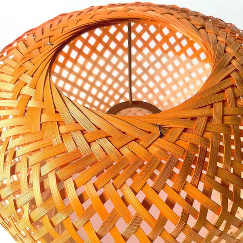 Close-up of Dope Bamboo Pendant Light With Plug In Cord And Switch, 11.8 Inch Orange Hanging Lampshade, natural woven detail.