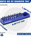 Magnetic Hex Bit Holder 39 Hole Organizer Tray With Powerful Magnetic Base in blue, showing dimensions and empty hex bit slots.