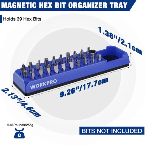 Magnetic Hex Bit Holder 39 Hole Organizer Tray With Powerful Magnetic Base in blue, showing dimensions and empty hex bit slots.