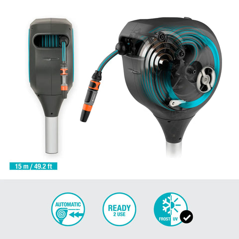 Automatic Retractable Garden Hose Reel With 50 Feet Of Easy Retracting Hose 360 Degree Swivel Metal Spike Base UV Resistant Housing