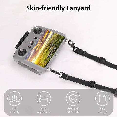 DJI Remote Controller Lanyard Dual Leather Neck Strap attached to remote, showcasing skin-friendly material and length adjustment.