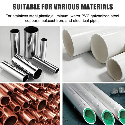 Image showing various pipes for automatic pipe cutting tool with 5 speed settings and included 2 blades, suitable for multiple materials.