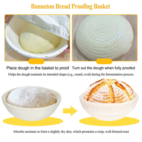 Banneton Bread Proofing Basket Set with Liners, showing dough proofing in natural rattan bowls for a bakery-grade crust.