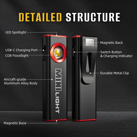 E1 1200 Lumen Dual Light Flashlight With Magnetic Flat EDC Design, USB-C charging port, and durable metal clip features