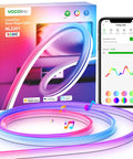 Neon Rope Lights 10ft RGBIC LED Strip With Music Sync app control shown on smartphone with colorful packaging