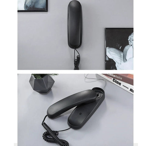 No Fuss Corded Landline Telephone Packed With Gotta Have HD Sound And Jumbo Senior Approved Keys, mounted on wall and resting on table.