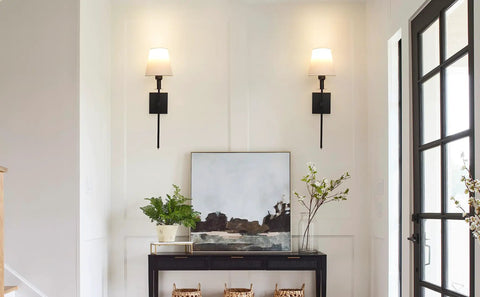Two Pack Battery Operated Wall Sconces With Remote Control, Dimmable Brightness From 10 to 100 Percent, black finish, in hallway