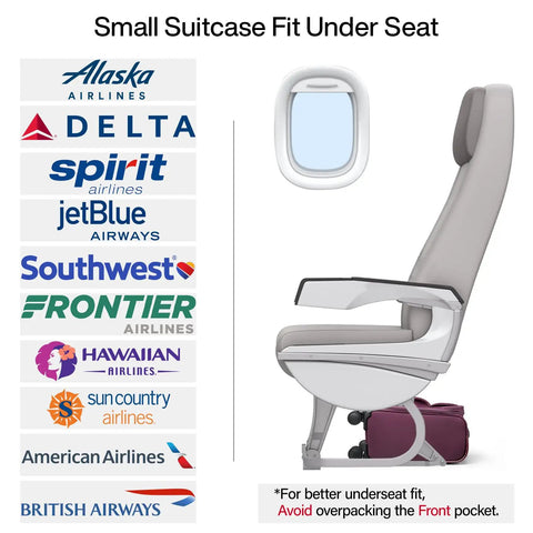 Airline seats with purple Underseat Carry On Luggage 16 Inch With Spinner Wheels Airline Approved Lightweight Softside Roller Bag underneath.