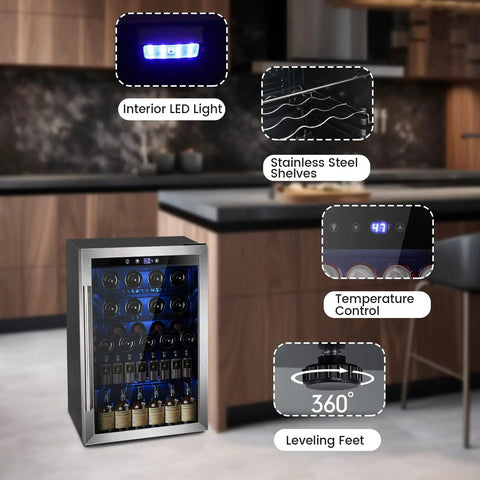 37 Bottle Freestanding Wine Cooler With Stainless Steel Reversible Glass Door And Quiet Compressor For Home Kitchen Bar Four Point Five Cubic Feet Silver Beverage Refrigerator featuring interior LED light, stainless steel shelves, temperature control, and leveling feet