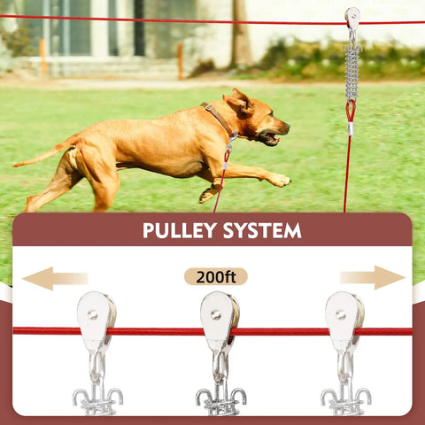 Heavy Duty 200 Ft Dog Runner With 10 Ft Tie Out Cable For Big Dogs Up To 250 Lbs Safe Zip Line For Backyard Park And Camping Use Red Vinyl Coated Stainless Steel with dog running on zip line.