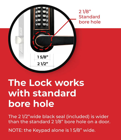 Diagram showing Mechanical Keyless Combination Lever Door Lock in Oil Rubbed Bronze fitting standard 2 1/8 inch bore hole.