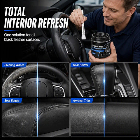 Refresh Your Gnarled Steering Wheel With This Badass Nourishing Leather Restoration Cream That Deeply Repairs Scratches And Fades While Keeping Your Car Interior Looking Slick And Pristine. A hand applying leather repair cream on a steering wheel.