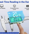 Rechargeable Digital Caliper 6 Inch With Backlit LCD Stainless Steel Vernier Caliper showing real-time reading in the dark.