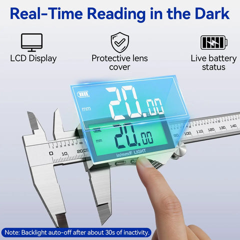 Rechargeable Digital Caliper 6 Inch With Backlit LCD Stainless Steel Vernier Caliper showing real-time reading in the dark.