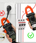 Smart TRMS 6000 Counts Clamp Meter With App Hookup For Android And iOS Digital Clamp On Ammeter in use measuring live wire