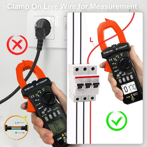 Smart TRMS 6000 Counts Clamp Meter With App Hookup For Android And iOS Digital Clamp On Ammeter in use measuring live wire