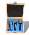 Front view of a 4-piece MT1 wood lathe center set in a wooden box with blue foam insert