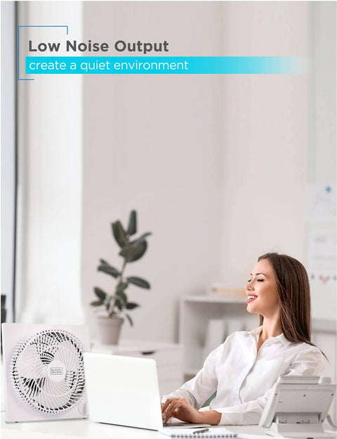 Frameless 9 Inch Desk Fan With Freestanding Design 3 Speed Settings Portable Cooling for home office shown on desk