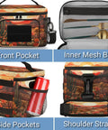 Desert Flower Cactus Tactical Lunch Bag Insulated Leakproof Lunch Box With Adjustable Shoulder Strap For Work Camp Trips Beach Picnic 7L Cooler Meal Prep Container showing front pocket, inner mesh bag, side pockets, and shoulder straps.