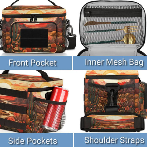 Desert Flower Cactus Tactical Lunch Bag Insulated Leakproof Lunch Box With Adjustable Shoulder Strap For Work Camp Trips Beach Picnic 7L Cooler Meal Prep Container showing front pocket, inner mesh bag, side pockets, and shoulder straps.