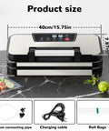 11 In 1 Smart Food Vacuum Sealer With 95 KPa Power on a kitchen counter, product dimensions displayed, includes accessories