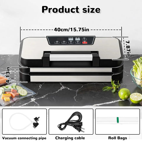 11 In 1 Smart Food Vacuum Sealer With 95 KPa Power on a kitchen counter, product dimensions displayed, includes accessories
