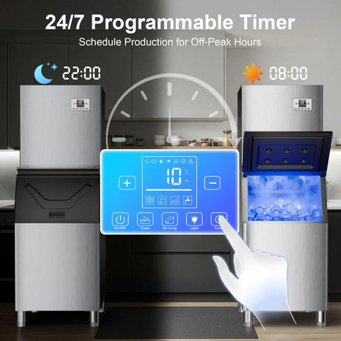Boss Level Bulk Ice Maker Machine With 450 Lbs Per Day Capacity And 250 Lbs Storage, programmable timer display